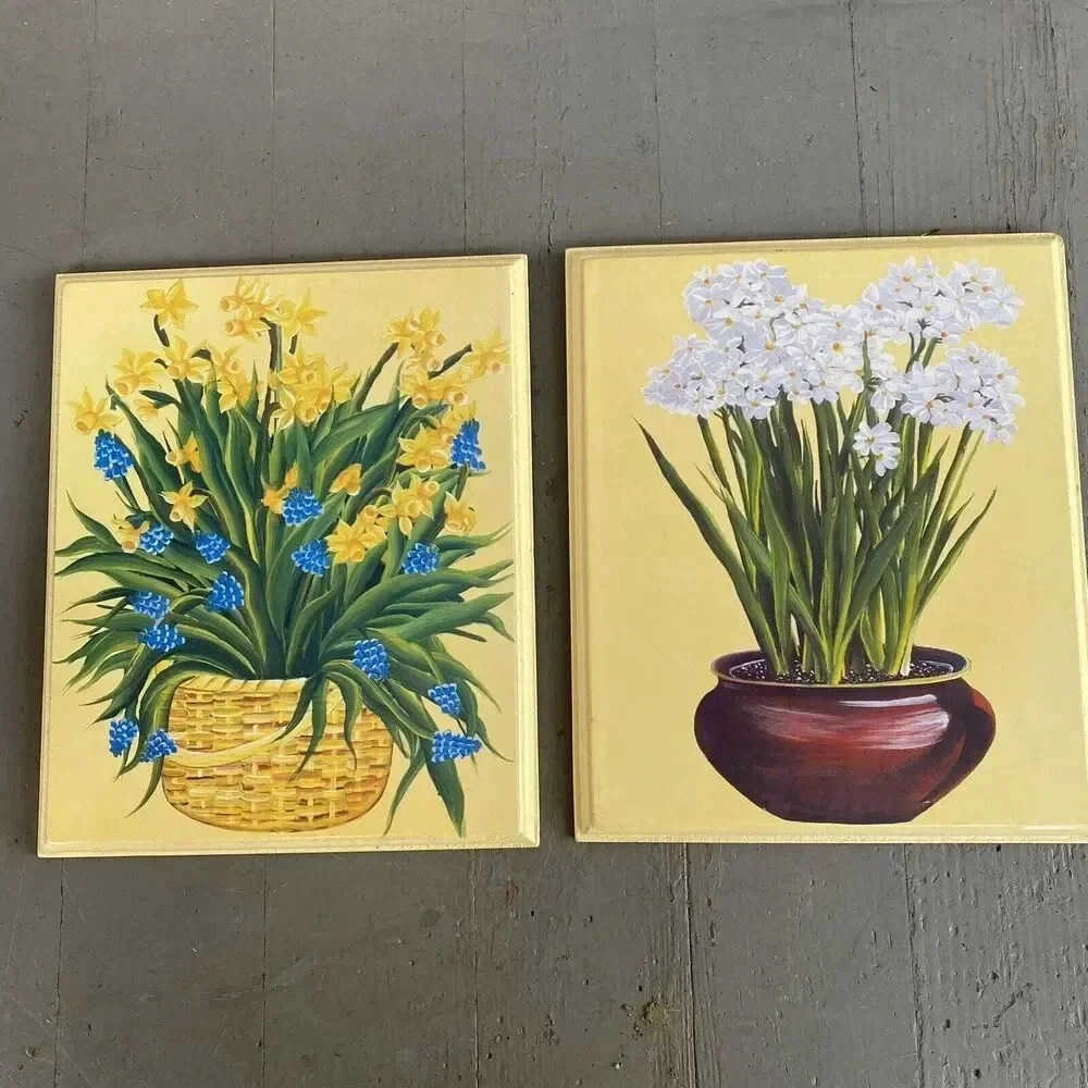 2 VTG Botanical Daffodils Print On Wood Board Home Decor Cottagecore Fairytale